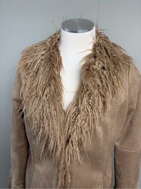 Bailey Rose Faux Suede Long Coat M Shaggy Faux Fur Trim Boho Festival Duster